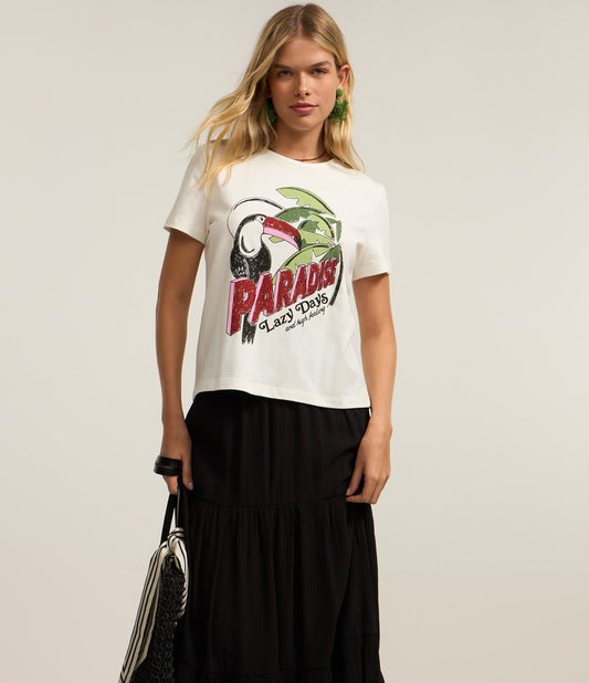 White Cotton T-Shirt with Toucan Paradise Print