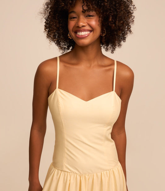 Yellow Midi Dress in Tricoline with Fitted Waist