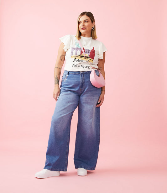 Jeans a gamba larga con bottoni gioiello e dettagli luccicanti, Curve e taglie forti, blu