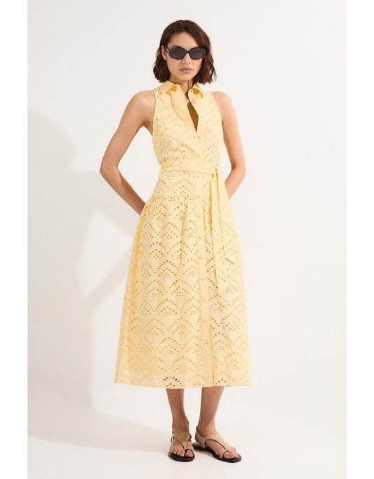 Maxivestido camisero tejido con cinturón de broderie de algodón