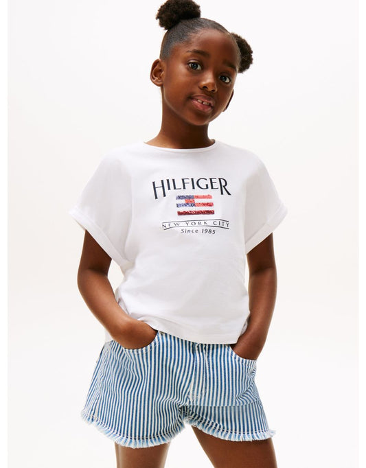 Camiseta Bandera Lentejuelas Blanca Niña
