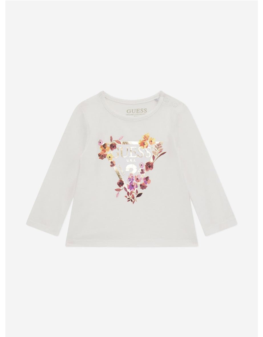 Camiseta blanca de manga larga con logo para bebé niña