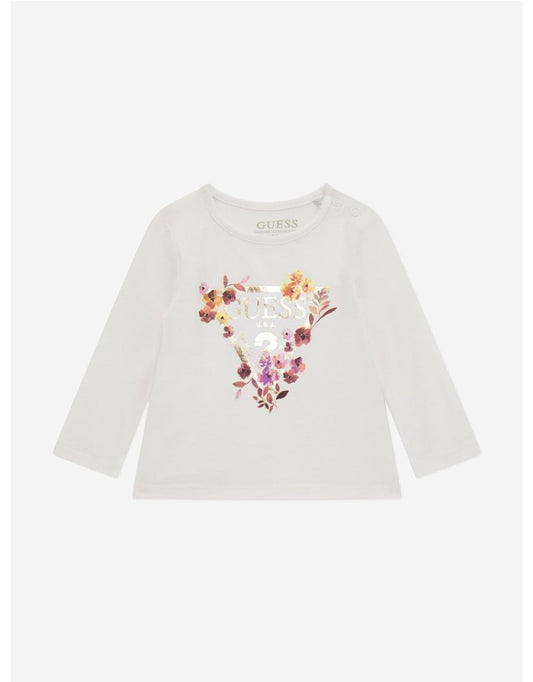 Camiseta blanca de manga larga con logo para bebé niña