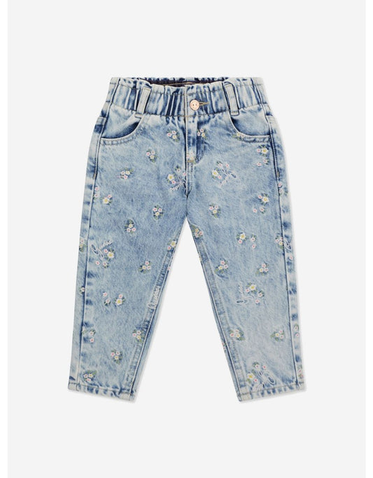 Jeans da bambina con fiori ricamati blu