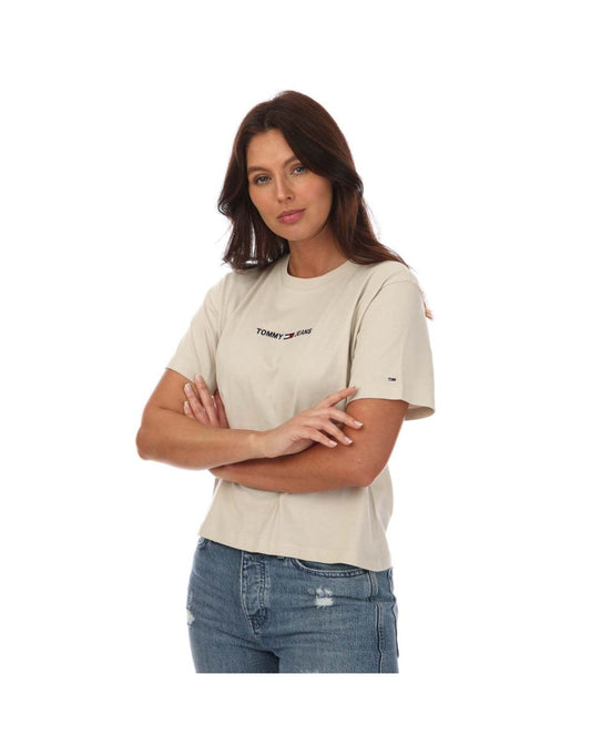 Maglietta da donna in cotone biologico color crema con ricamo del logo Tommy Hilfiger