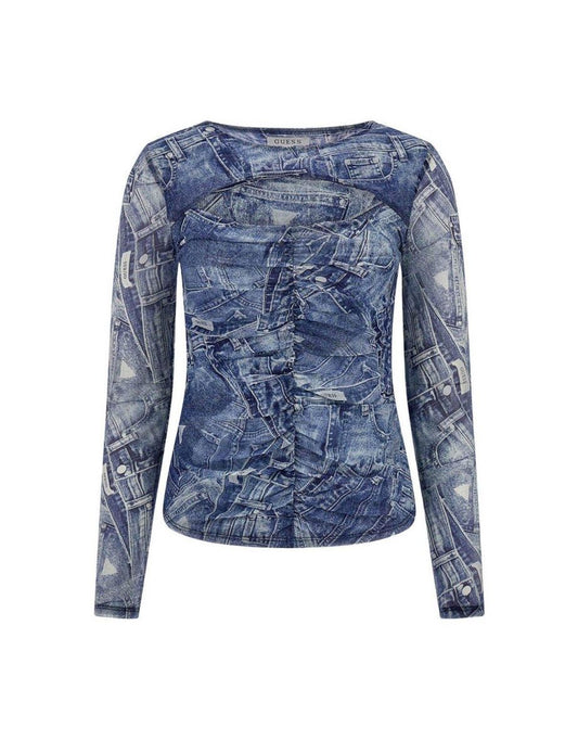LS Top in denim Brienna cut-out con stampa Toss - Blu