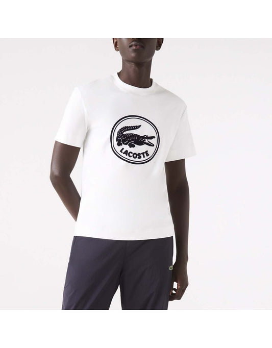Camiseta masculina Lacoste de algodão com gola alta e logotipo impresso em 3D na cor creme