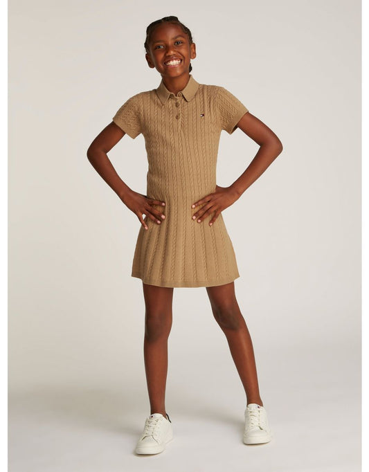 Vestido polo de punto por cable marrón para niña