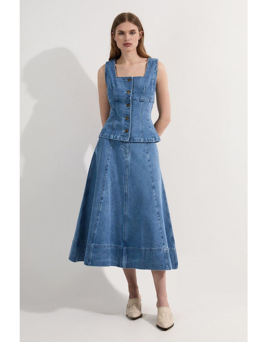 Gilet in denim senza maniche a collo quadrato con lavaggio morbido