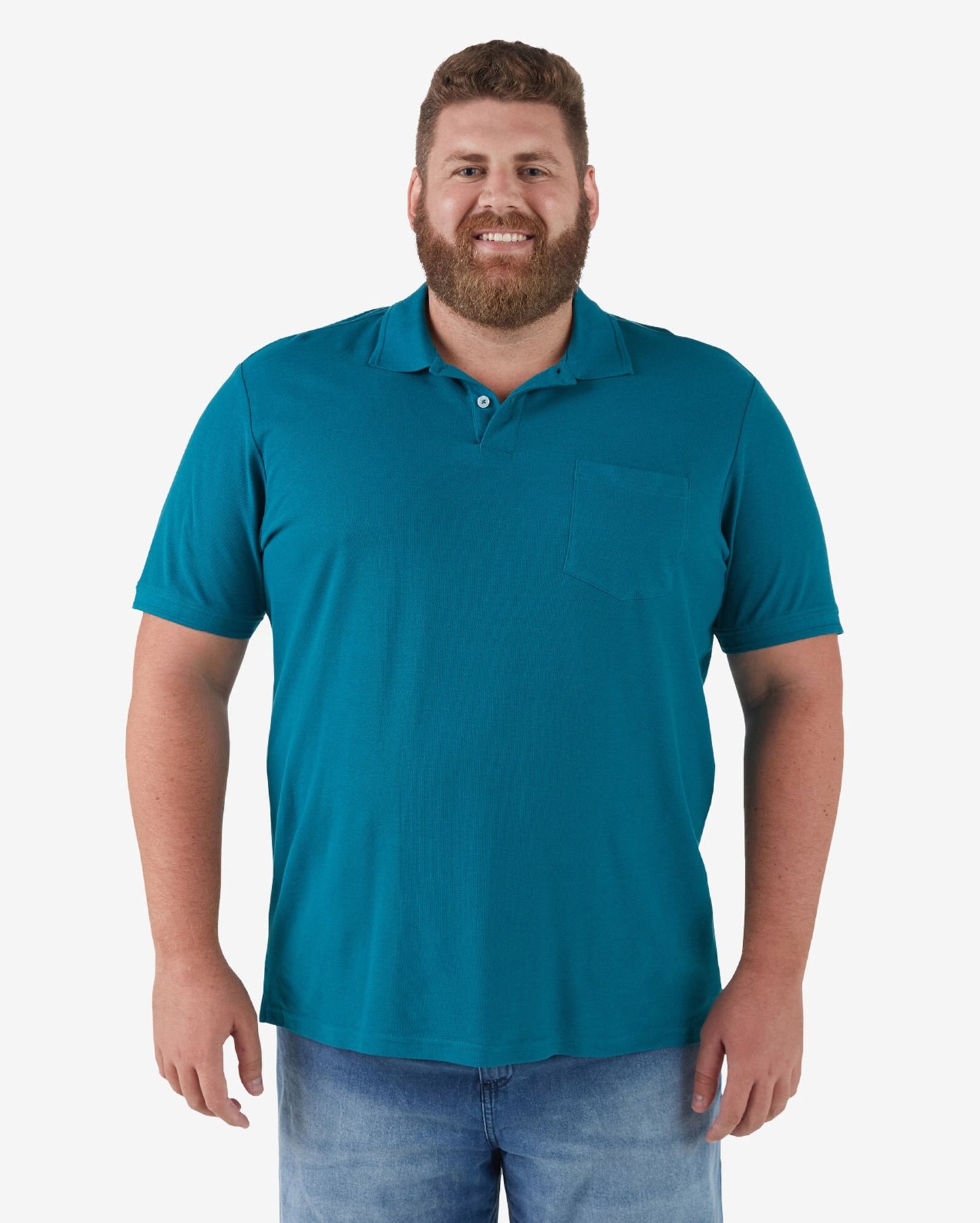 Camisa polo básica plus size masculina com bolso em Piquet verde esmeralda