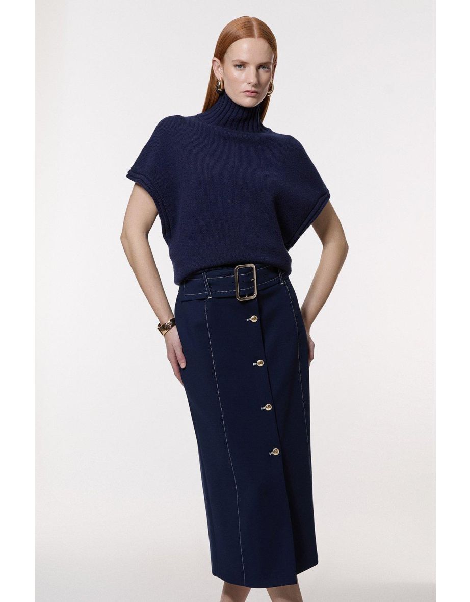 Gonna a tubino sartoriale compatta e stretch con cintura