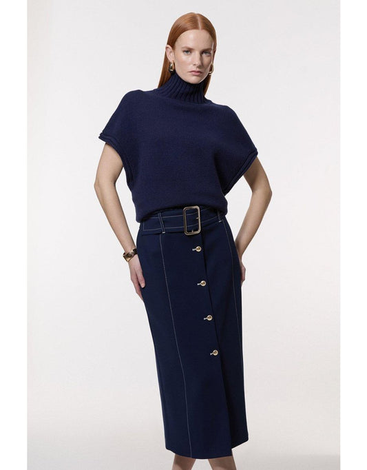 Gonna a tubino sartoriale compatta e stretch con cintura