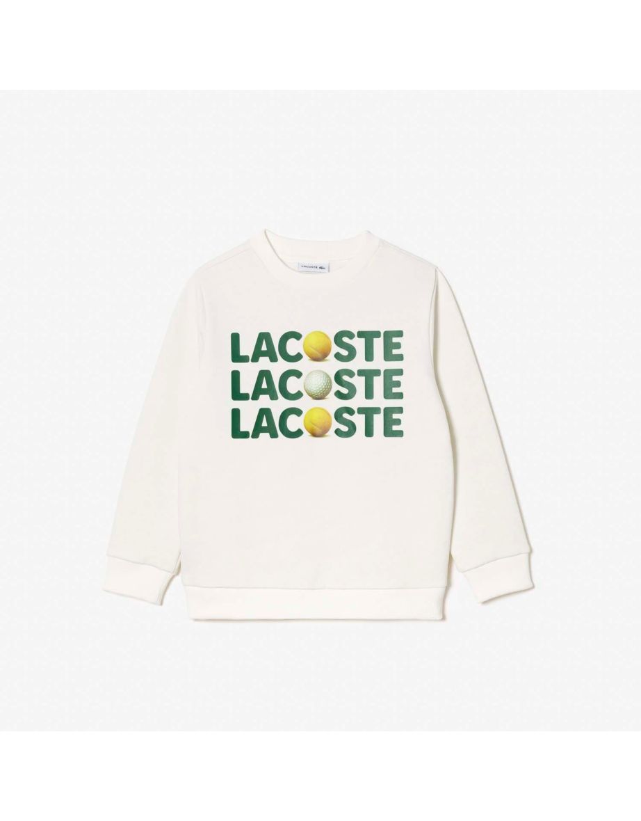 Felpa Lacoste Juniors da ragazzo in pile crema con stampa a girocollo