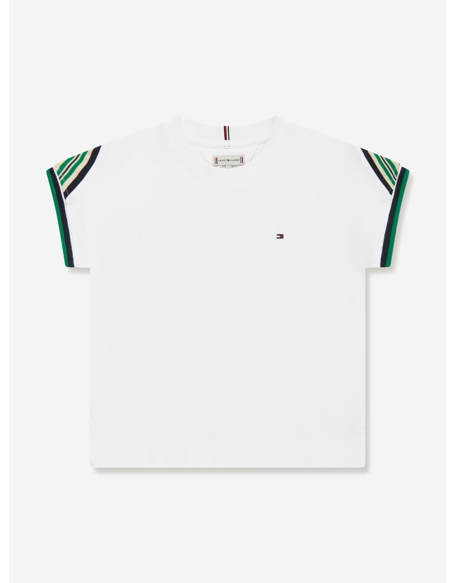 Camiseta blanca de niña con detalle de rayas en los hombros
