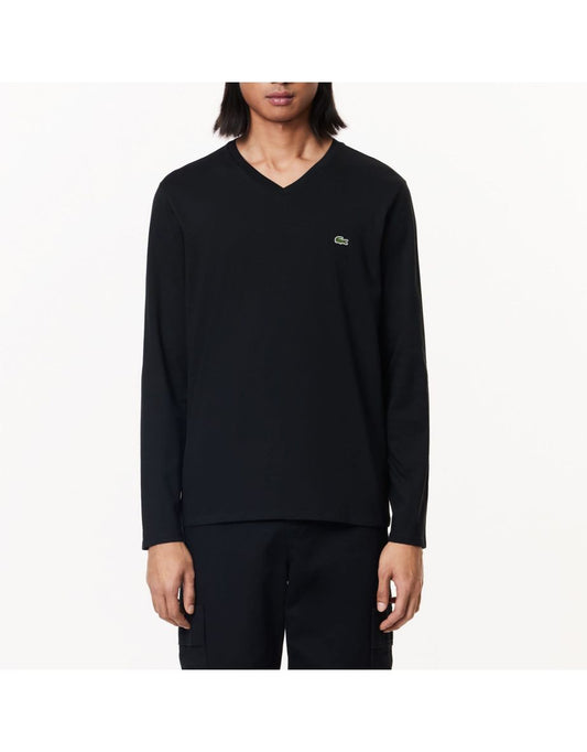 Camiseta masculina Lacoste com gola em V de algodão Pima leve - Preto