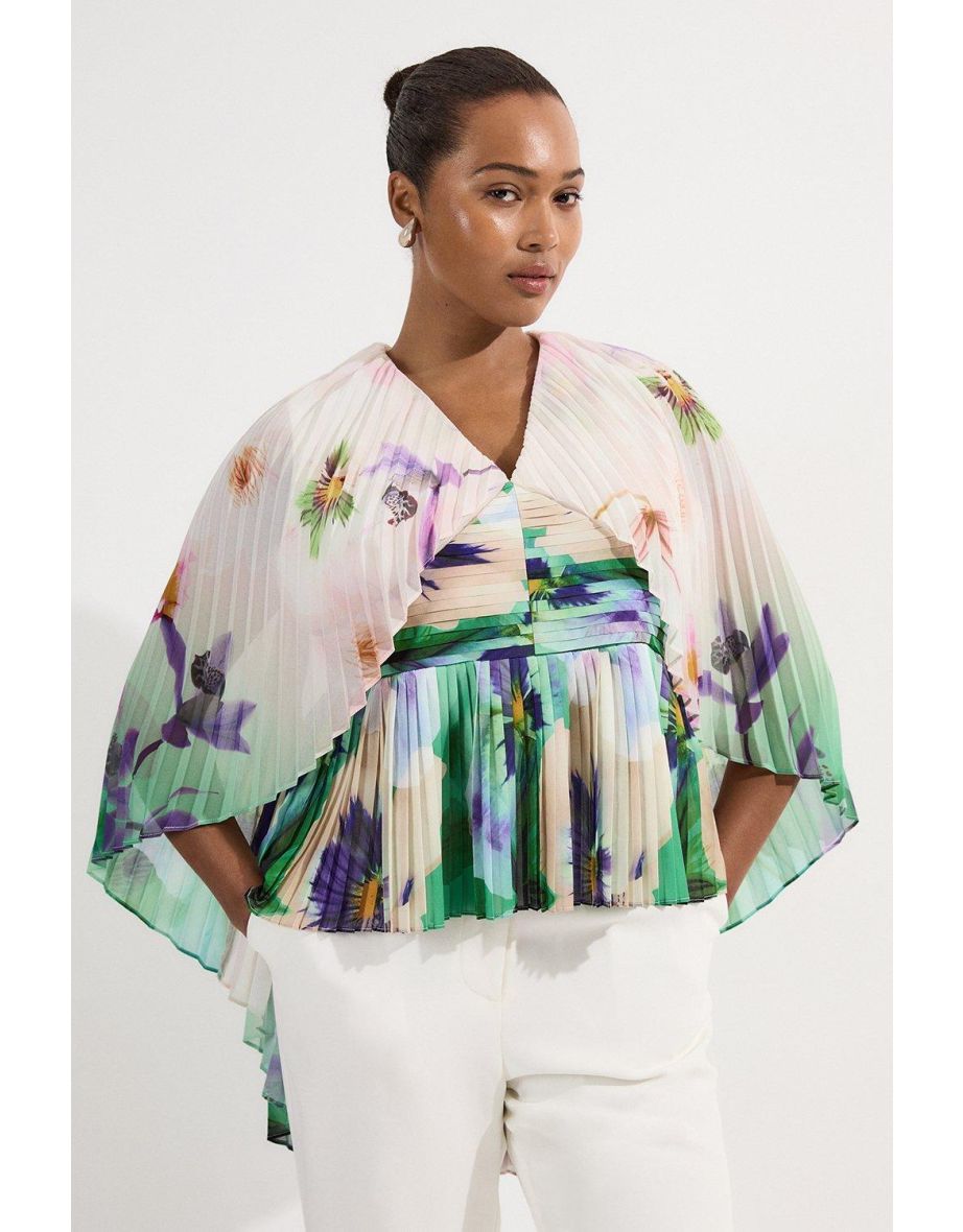 Top Plus Size con manica a pieghe floreale e scollo profondo a V in tessuto