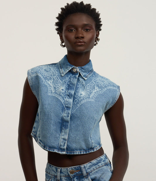 Cropped Denim Shirt with Buttons and Blue Laser Art