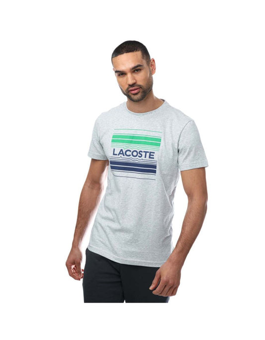 Camiseta masculina de algodão orgânico Lacoste com estampa de logotipo estilizado em cinza