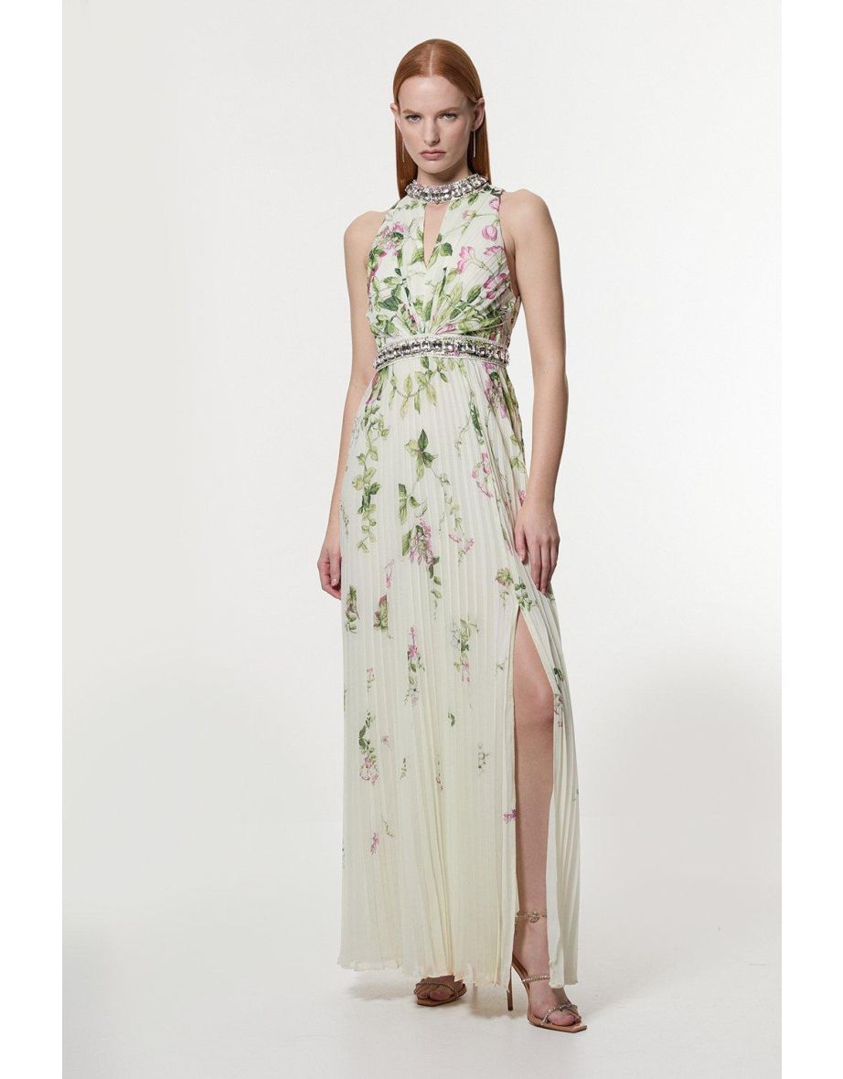 Vestido Maxi Halter Floral com acabamento em esmalte de diamante, tecido plissado e fenda lateral