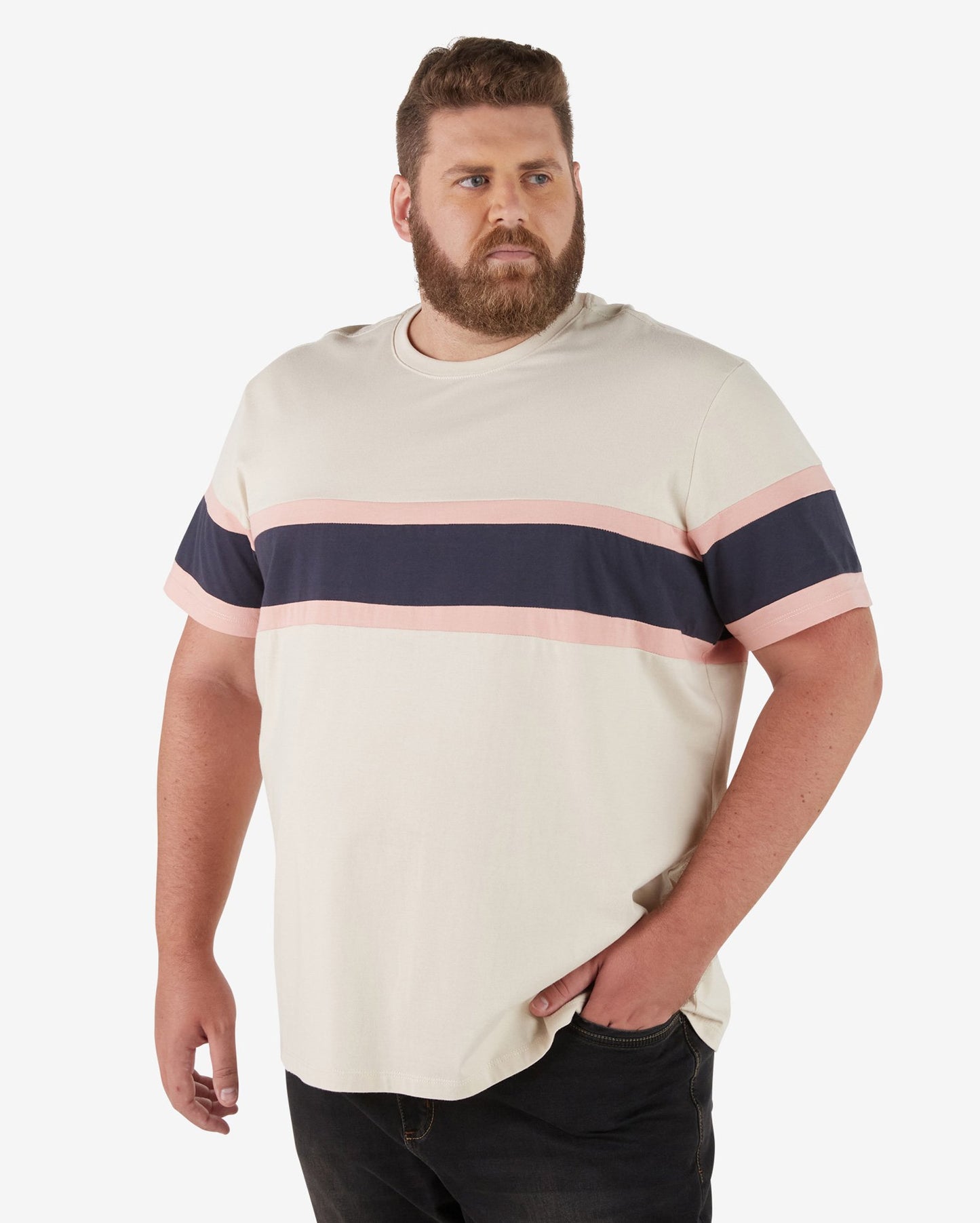Men's Plus Size Short Sleeve Striped Beige T-Shirt