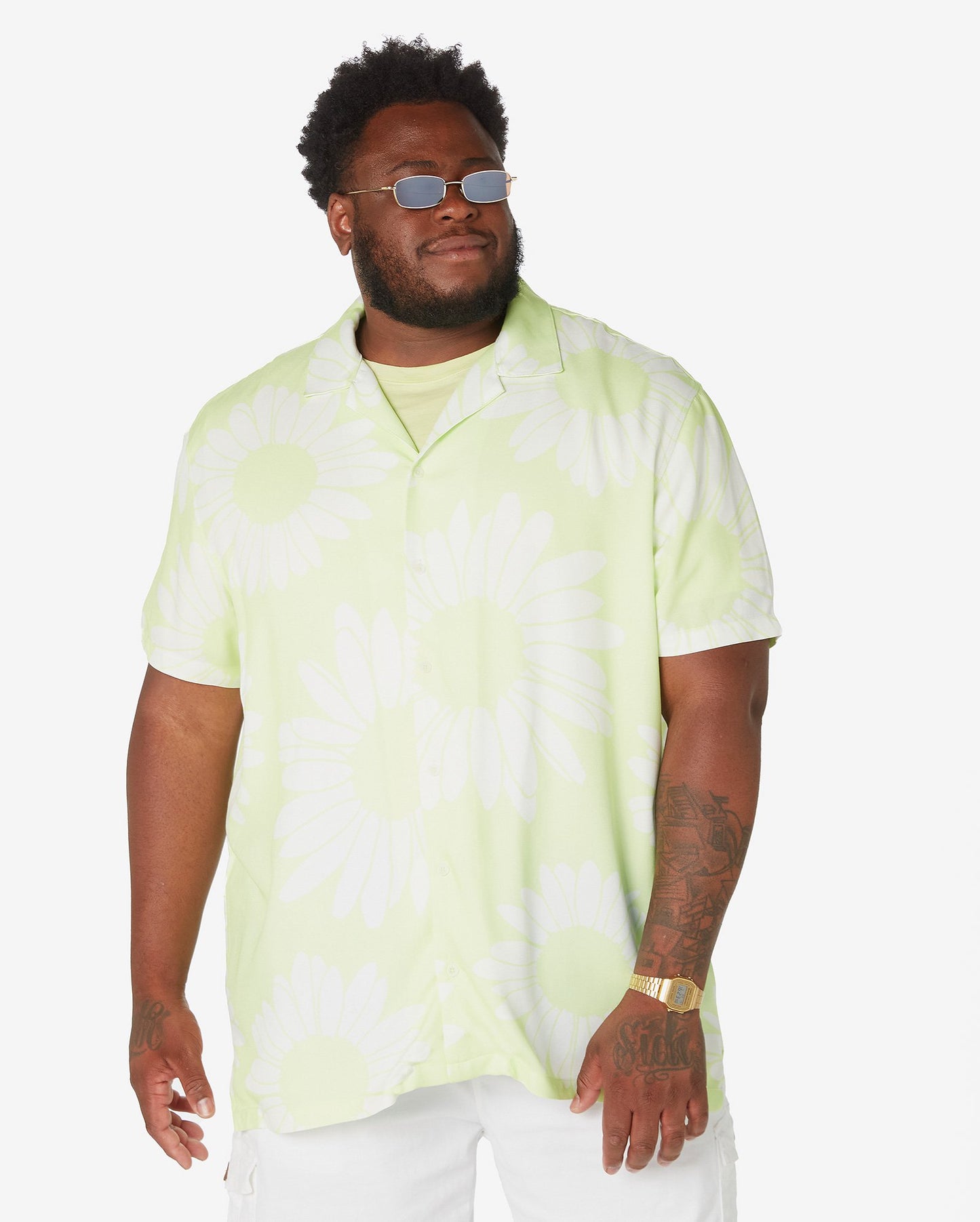 Men's Plus Size Neon Green Daisy Print Short Sleeve Shirt by Allman for Riachuelo