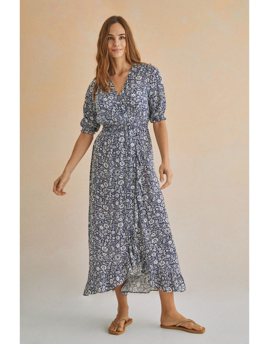 Vestido midi com babados estampado azul