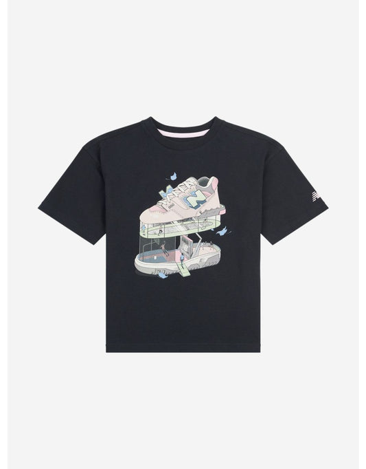 Camiseta com estampa ilustrada do Fitness Center para meninas da New Balance em preto