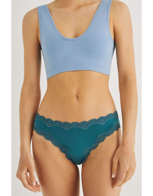 Panty brasiliano in microfibra e pizzo verde acqua