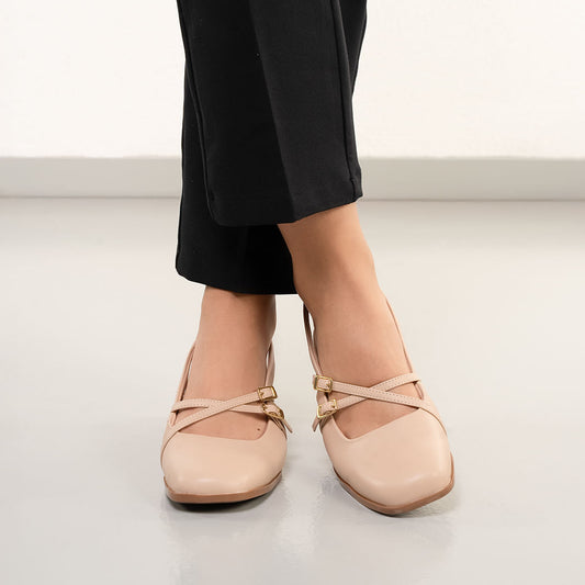 Scarpe da donna con tacco a blocco e fibbie - Stile Chanel Beige