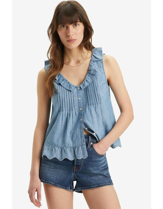 Camicetta senza maniche con volant in denim