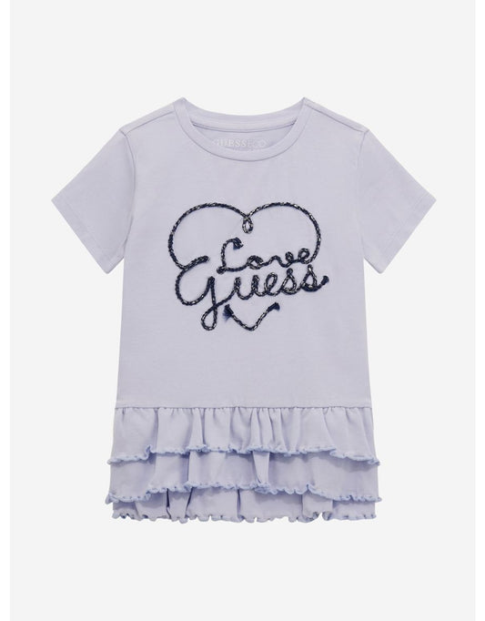 Camiseta de volantes azul para niña con logotipo estampado