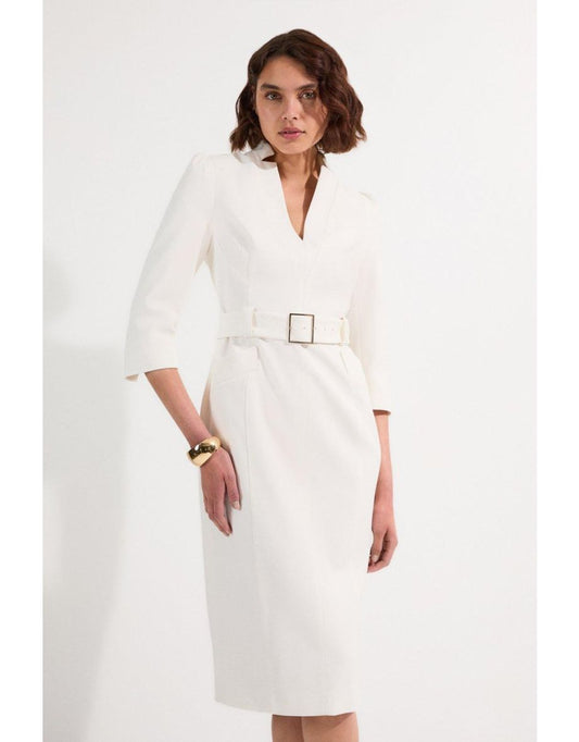 Vestido midi de crepe estruturado com cinto
