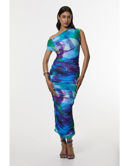 Vestido Petite de um ombro só em malha de jersey estampada