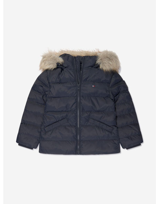Chaqueta de plumón Essential con capucha de piel azul marino para niña