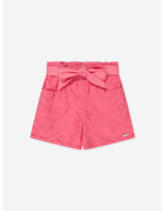 Pantaloncini da bambina in pizzo rosa con occhielli