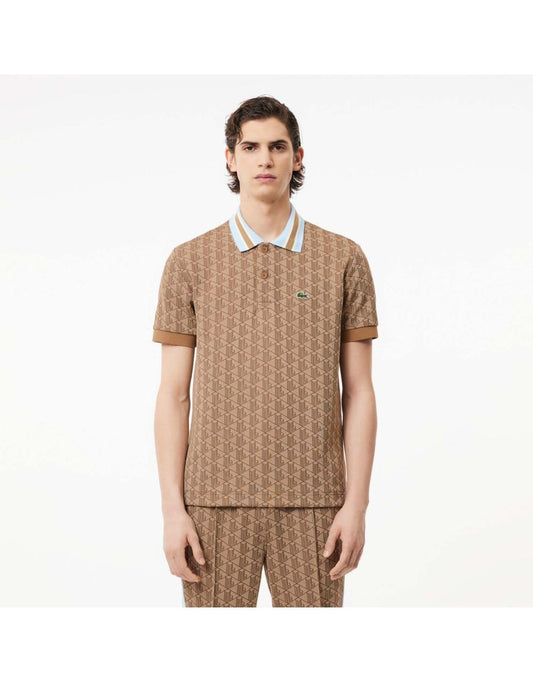 Camisa polo Lacoste masculina com gola contrastante e monograma em creme
