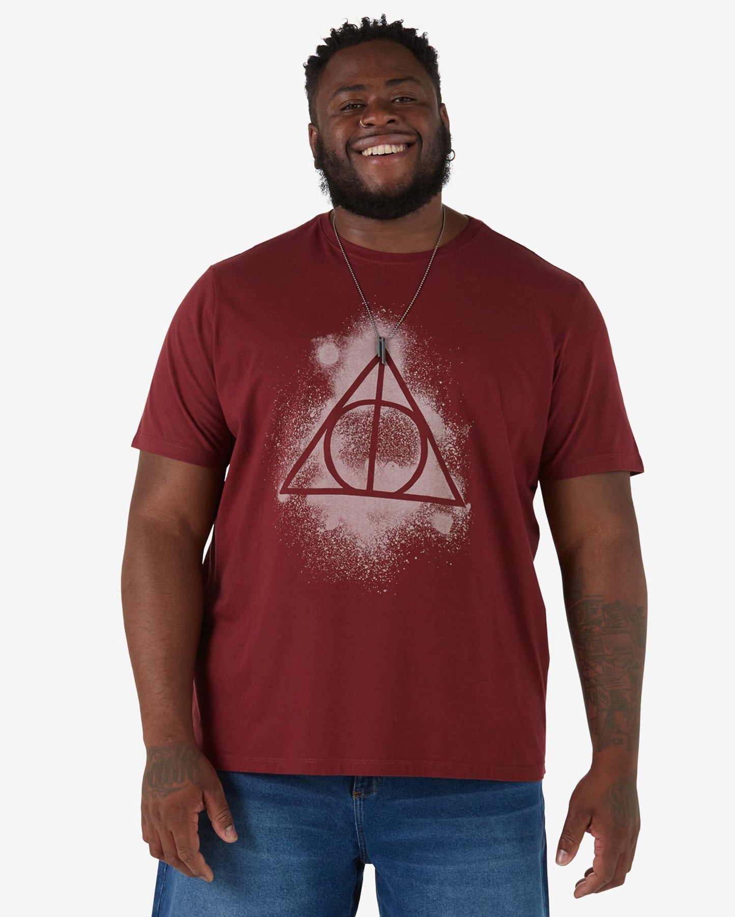 Camiseta masculina plus size de manga curta vermelho-escuro Harry Potter Deathly Hallows