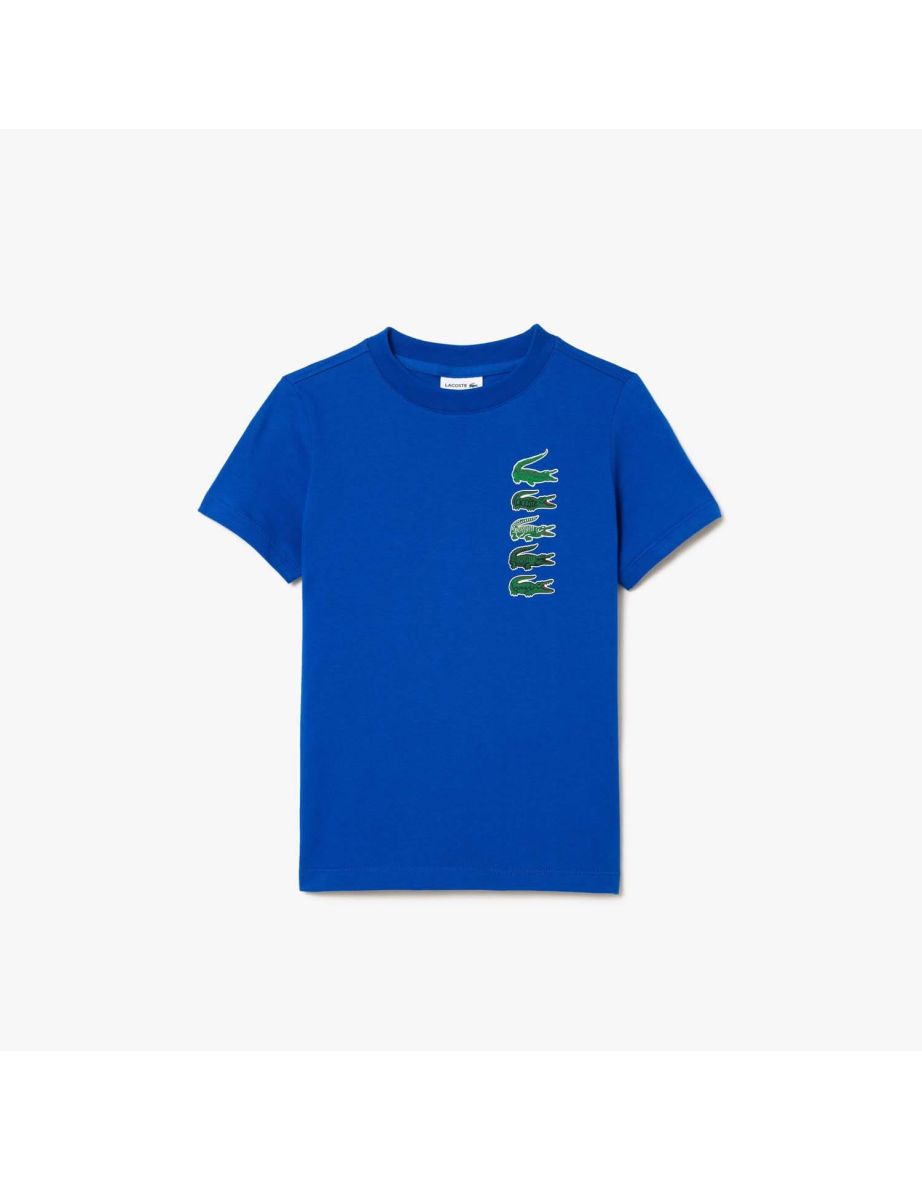 Maglietta Lacoste Juniors Signature Print in cotone da bambino in blu