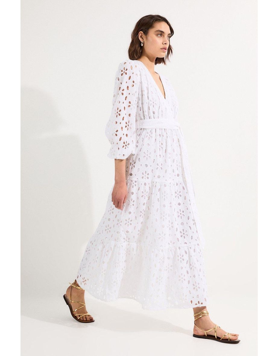 Vestido midi de tecido de manga curta com cinto de broderie de algodão