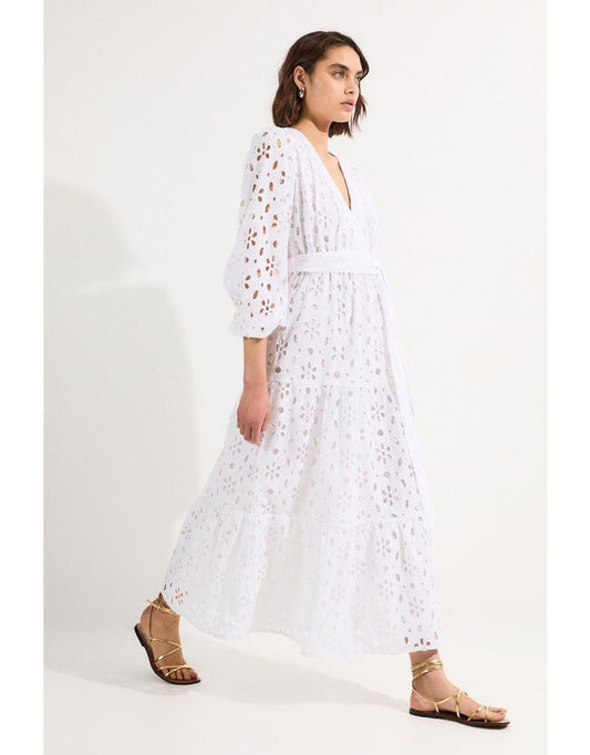 Vestido Midi Tejido de Algodón con Broderie y Cinturón de Manga Corta