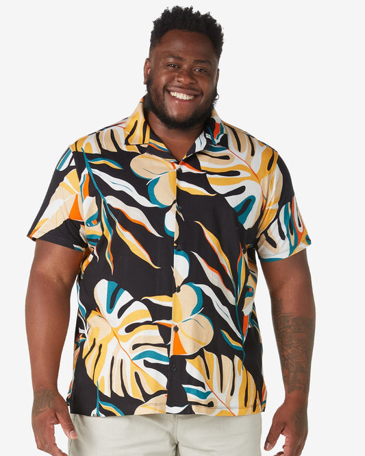 Camisa masculina de malha estampada de manga curta plus size com botões, multicolorida - Allman by Riachuelo