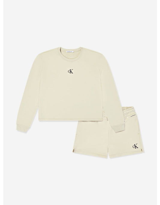 Conjunto de moletom e shorts com logotipo CK para meninas da Calvin Klein em bege