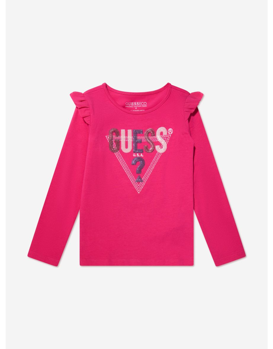 Camiseta rosa de manga larga con volante en el hombro para niña
