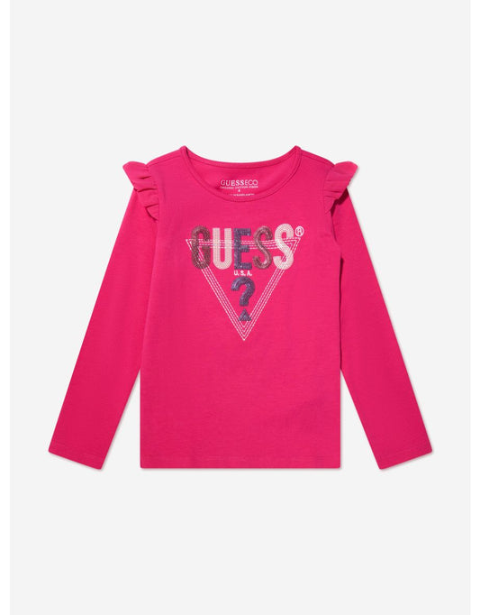Camiseta rosa de manga larga con volante en el hombro para niña
