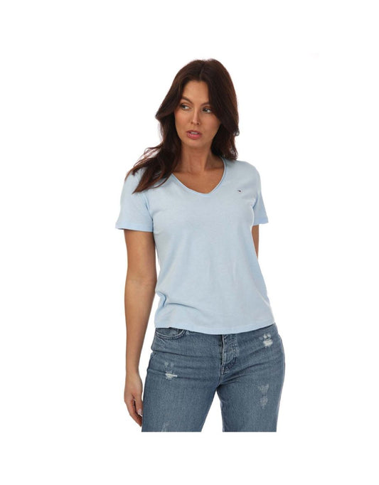 Maglietta Tommy Hilfiger Donna Slim Fit con scollo a V in Jersey Blu