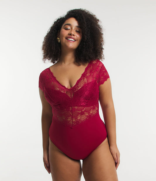 Body de Encaje con Cuello en V y Detalles Transparentes, Curvas y Tallas Grandes, Rojo