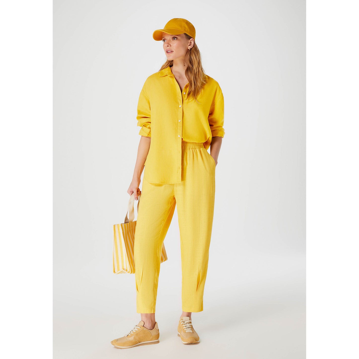 Calça masculina de linho de cintura alta e folgada