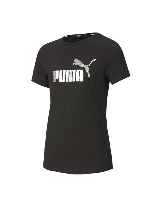 Camiseta esportiva feminina com logotipo Puma Essentials+ em preto/prata