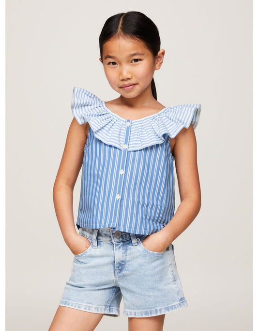 Tommy Hilfiger Blusa de rayas azules con volantes para niña