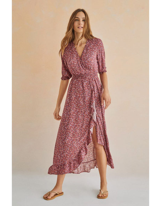 Vestido midi com babados estampado rosa